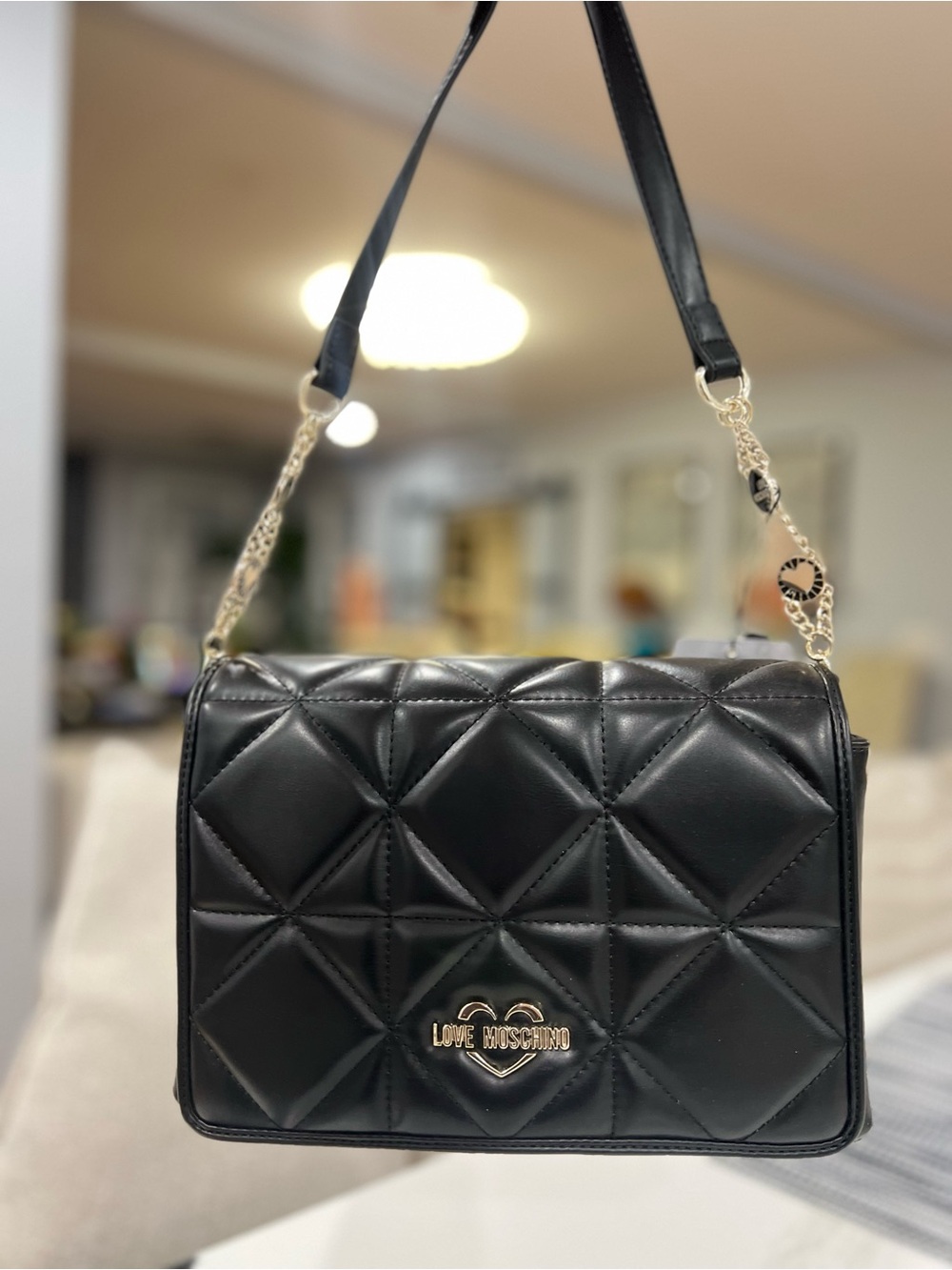 Love Moschino Black Quilted Shoulder Bag with Gold Logo